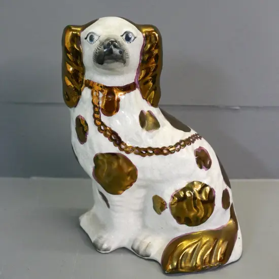 porcelain Staffordshire style dog figure - white with gilt, has crackle glaze H-250