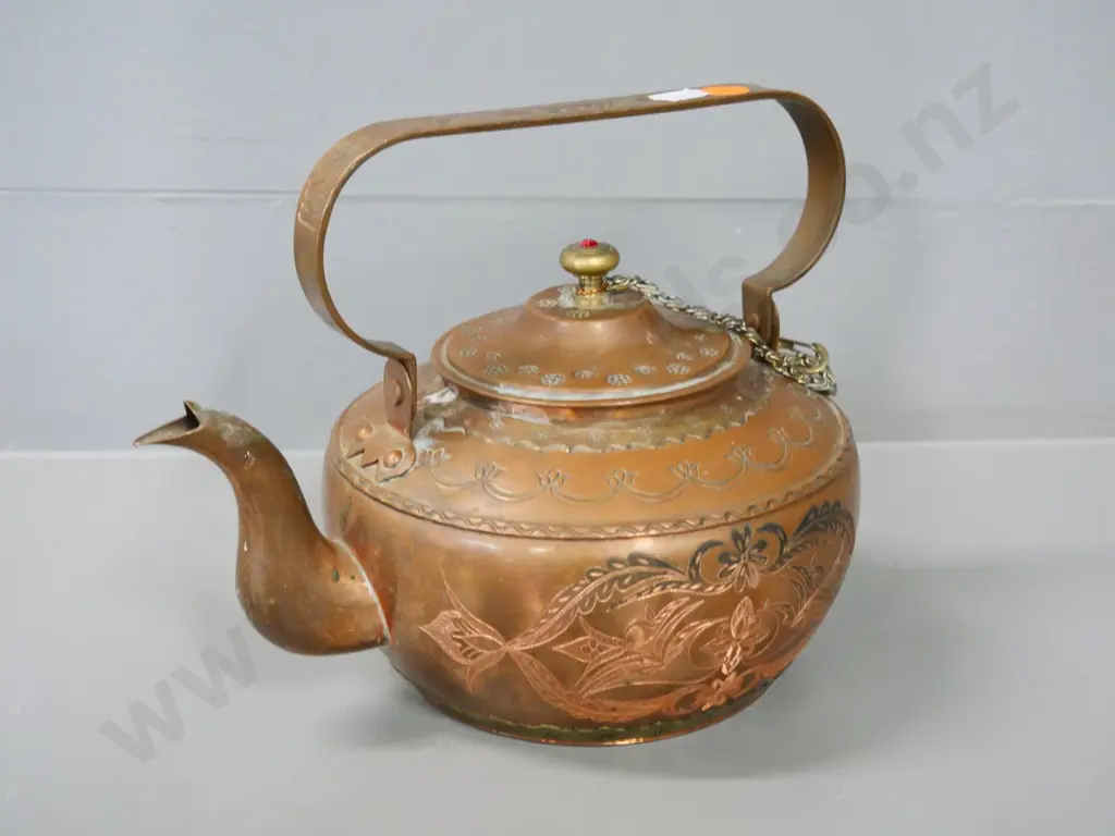 small etched copper and brass teapot with "Amatjan" embossed in handle H-180 L-210 Image 1++