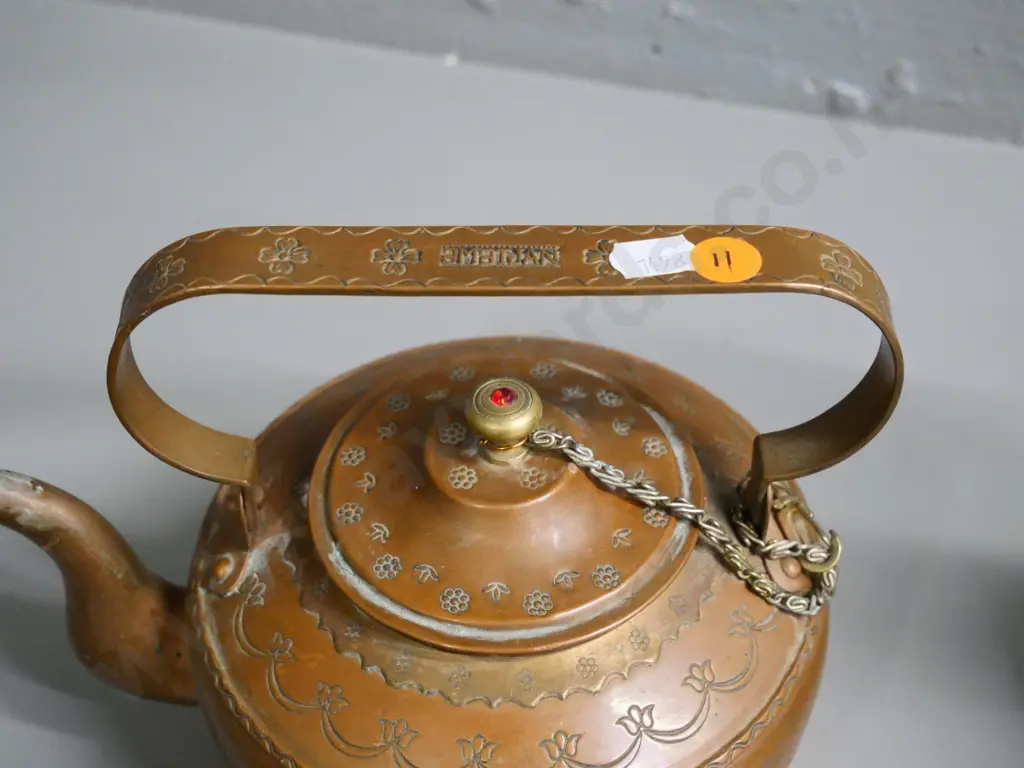 small etched copper and brass teapot with "Amatjan" embossed in handle H-180 L-210 Image 1++