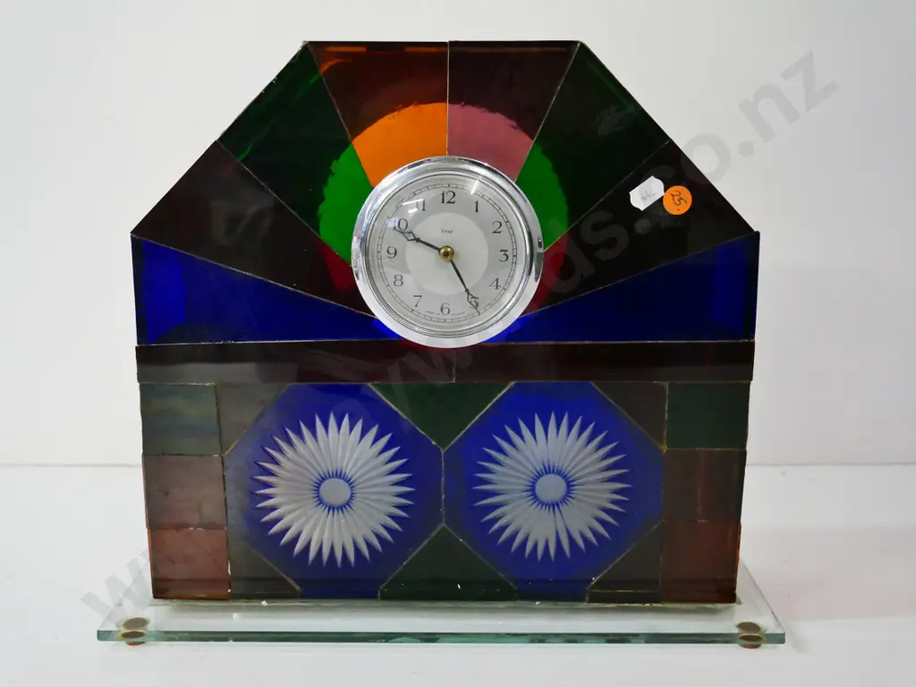 Enfield clock in coloured glass case - has remnants of electric fitting for lamp H-300 W-350 D-110 Image 1++
