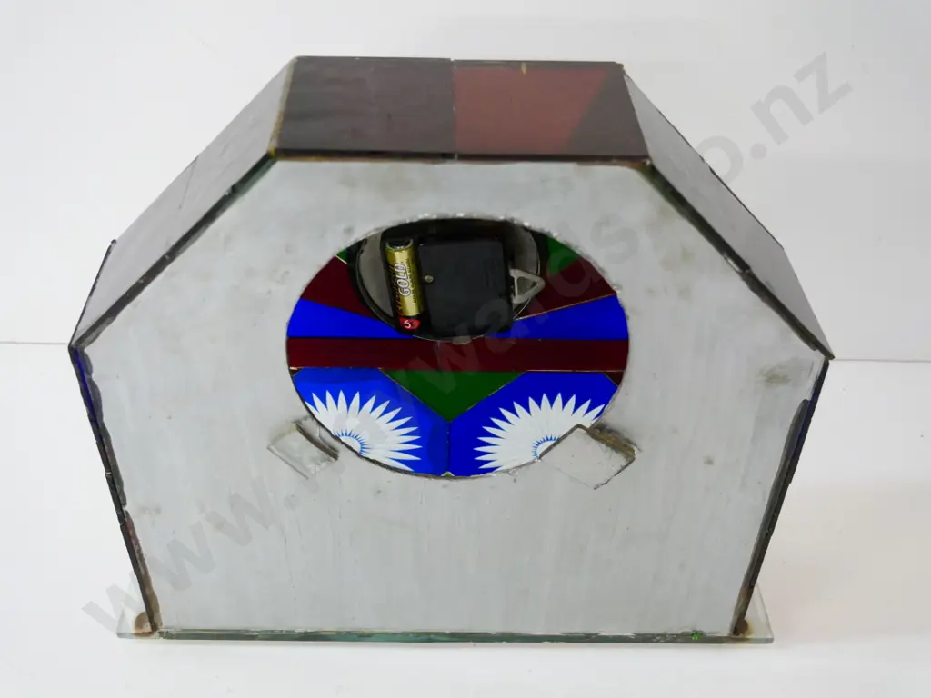 Enfield clock in coloured glass case - has remnants of electric fitting for lamp H-300 W-350 D-110 Image 1++