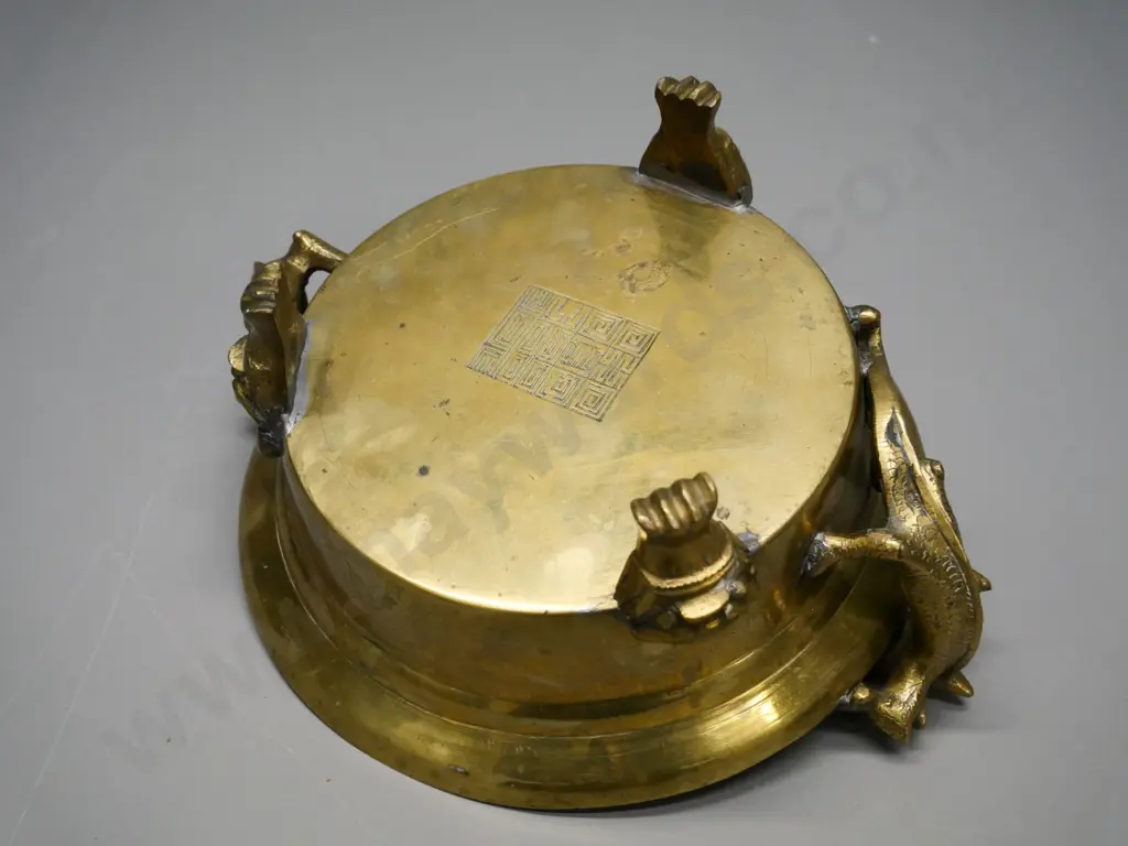 Chinese heavy brass bowl or incense burner with 3 figural feet and 2 handles H-130 Diameter 210, Width 250 at handles Image 1++