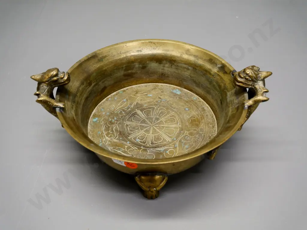 Chinese heavy brass bowl or incense burner with 3 figural feet and 2 handles H-130 Diameter 210, Width 250 at handles Image 1++