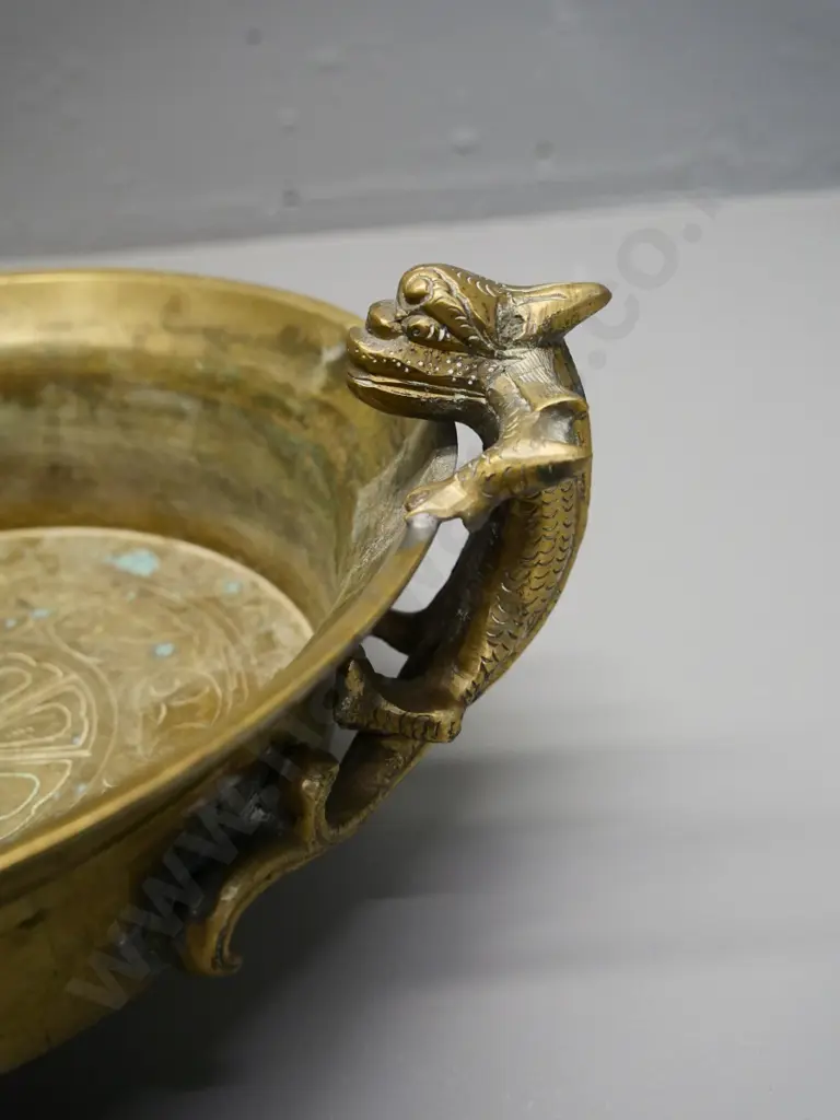 Chinese heavy brass bowl or incense burner with 3 figural feet and 2 handles H-130 Diameter 210, Width 250 at handles Image 1++