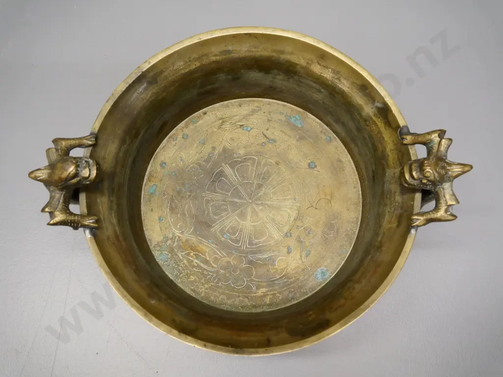 Chinese heavy brass bowl or incense burner with 3 figural feet and 2 handles H-130 Diameter 210, Width 250 at handles Image 1++