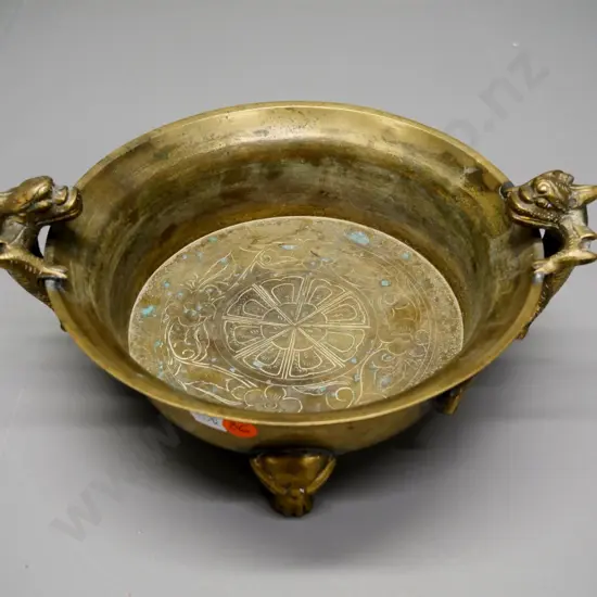 Chinese heavy brass bowl or incense burner with 3 figural feet and 2 handles H-130 Diameter 210, Width 250 at handles