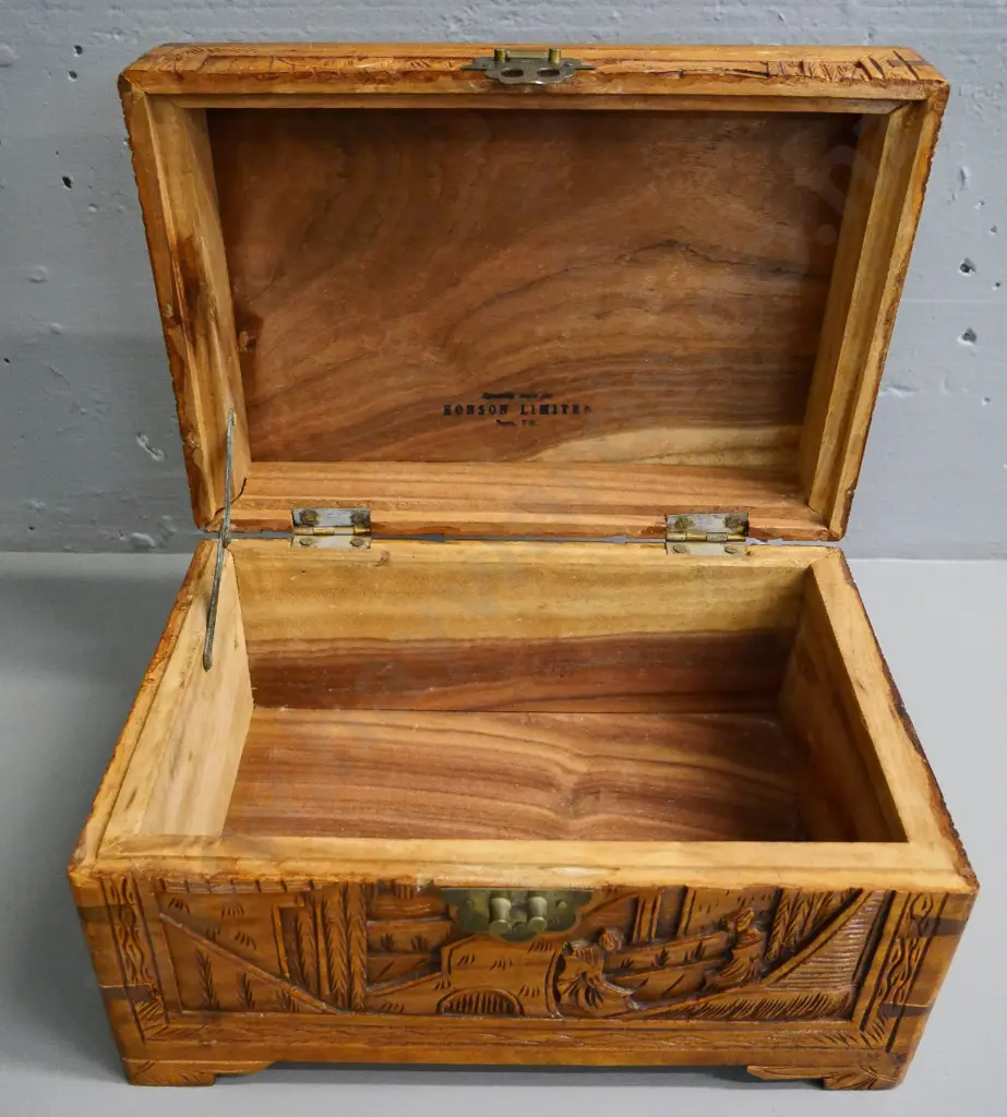 small carved camphorwood chest with brass closure - made for Honson Ltd Fiji - slight damage on back. H-180 W-300 D-210 Image 1++