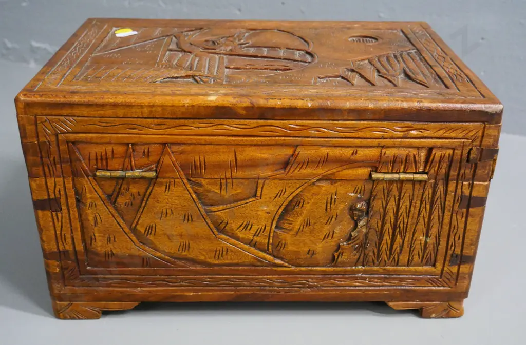 small carved camphorwood chest with brass closure - made for Honson Ltd Fiji - slight damage on back. H-180 W-300 D-210 Image 1++