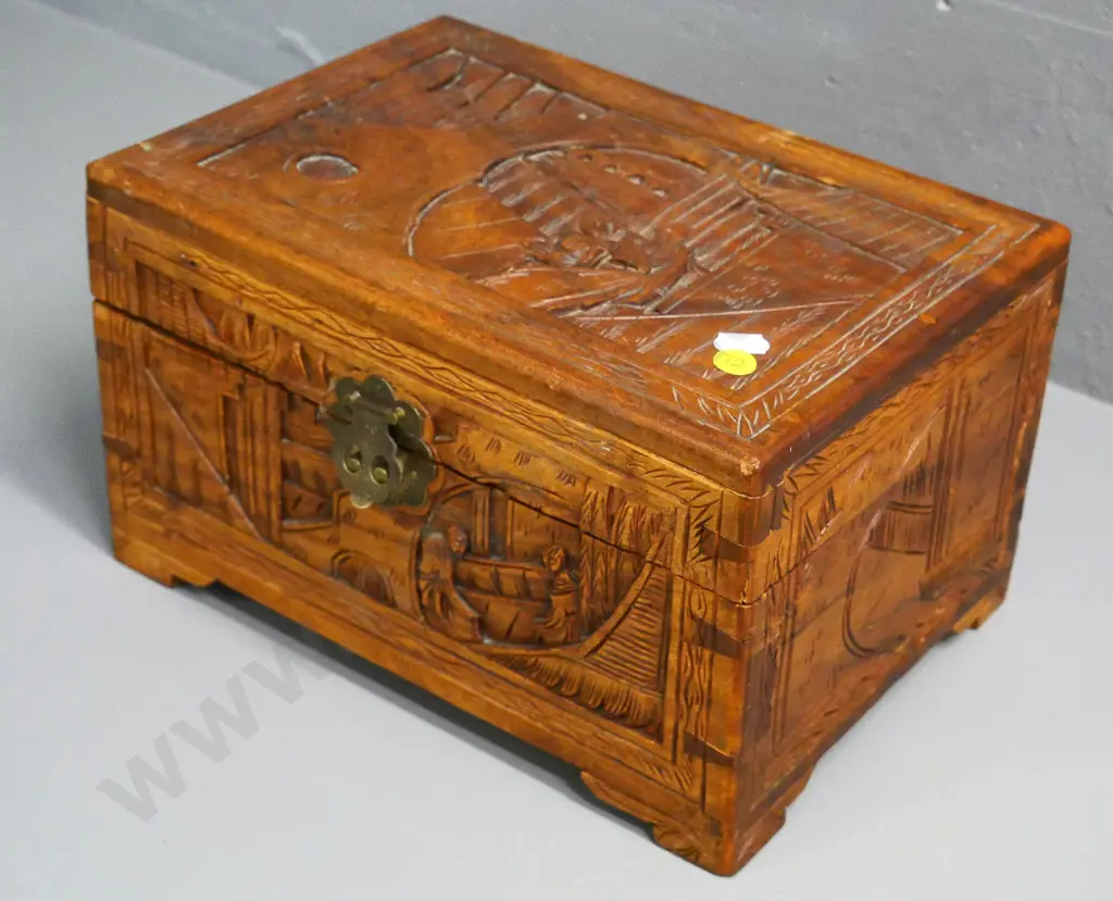 small carved camphorwood chest with brass closure - made for Honson Ltd Fiji - slight damage on back. H-180 W-300 D-210 Image 1++