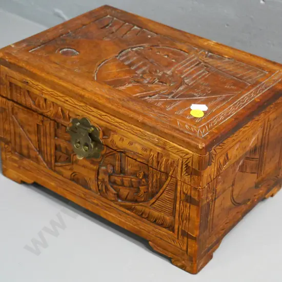 small carved camphorwood chest with brass closure - made for Honson Ltd Fiji - slight damage on back. H-180 W-300 D-210