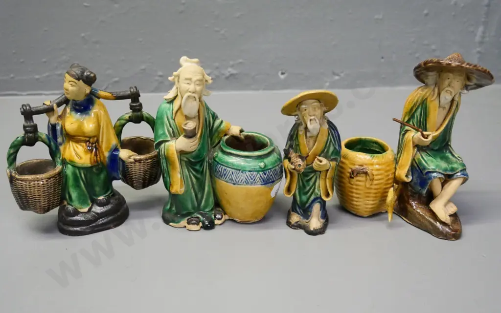 4 Chinese glazed "mud" figures - one is missing fishing rod. Tallest is H-130 Image 1++