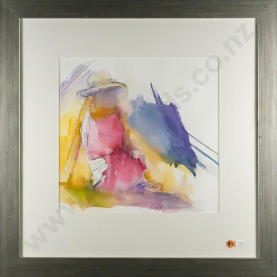 illegible signature - framed pencil and watercolour - "Red Dress"