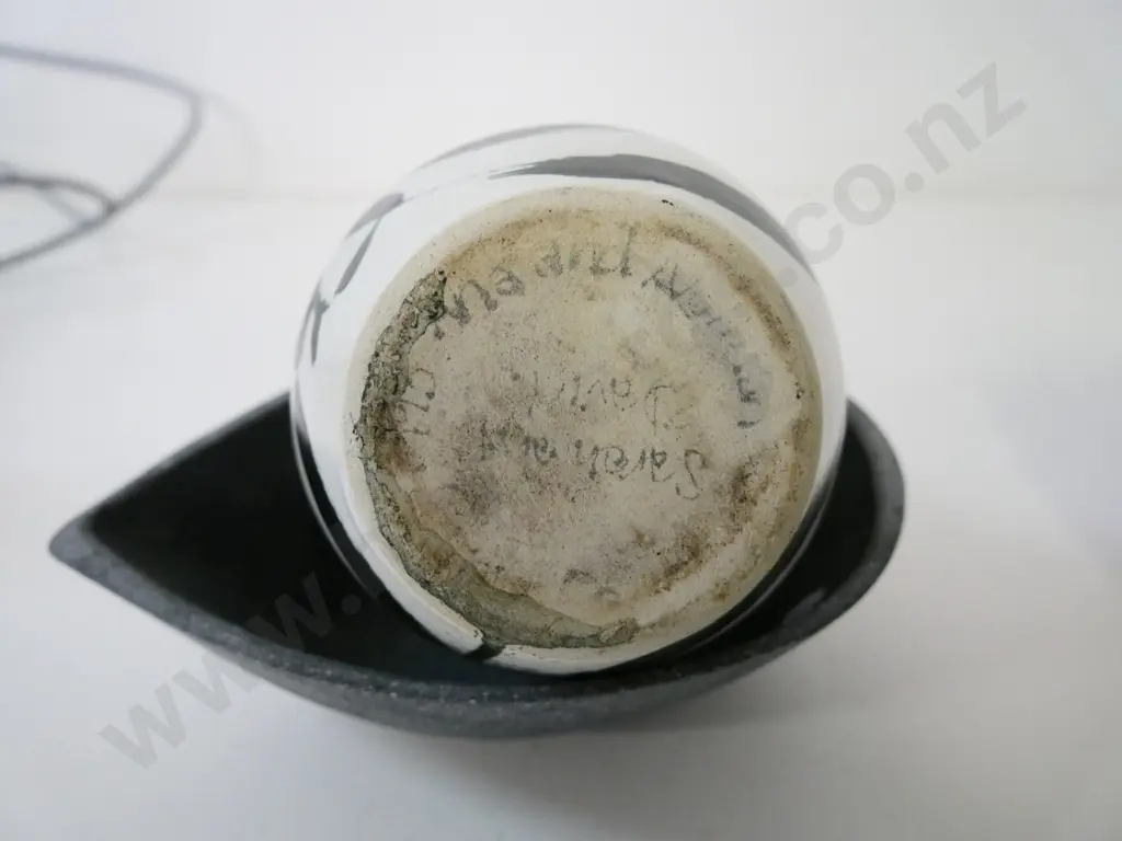 3 studio pottery items - black and white vase, large bowl with inscribed quotation H-100 D-195 and a small bowl Image 1++