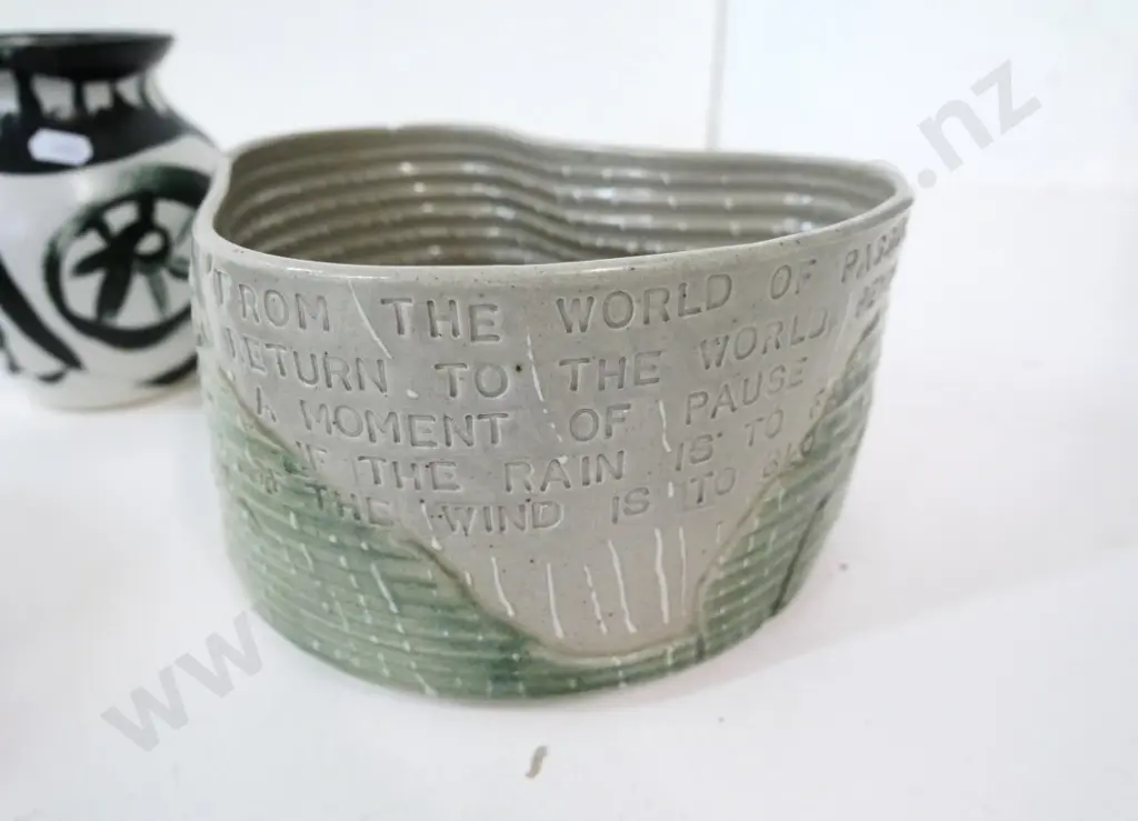 3 studio pottery items - black and white vase, large bowl with inscribed quotation H-100 D-195 and a small bowl Image 1++