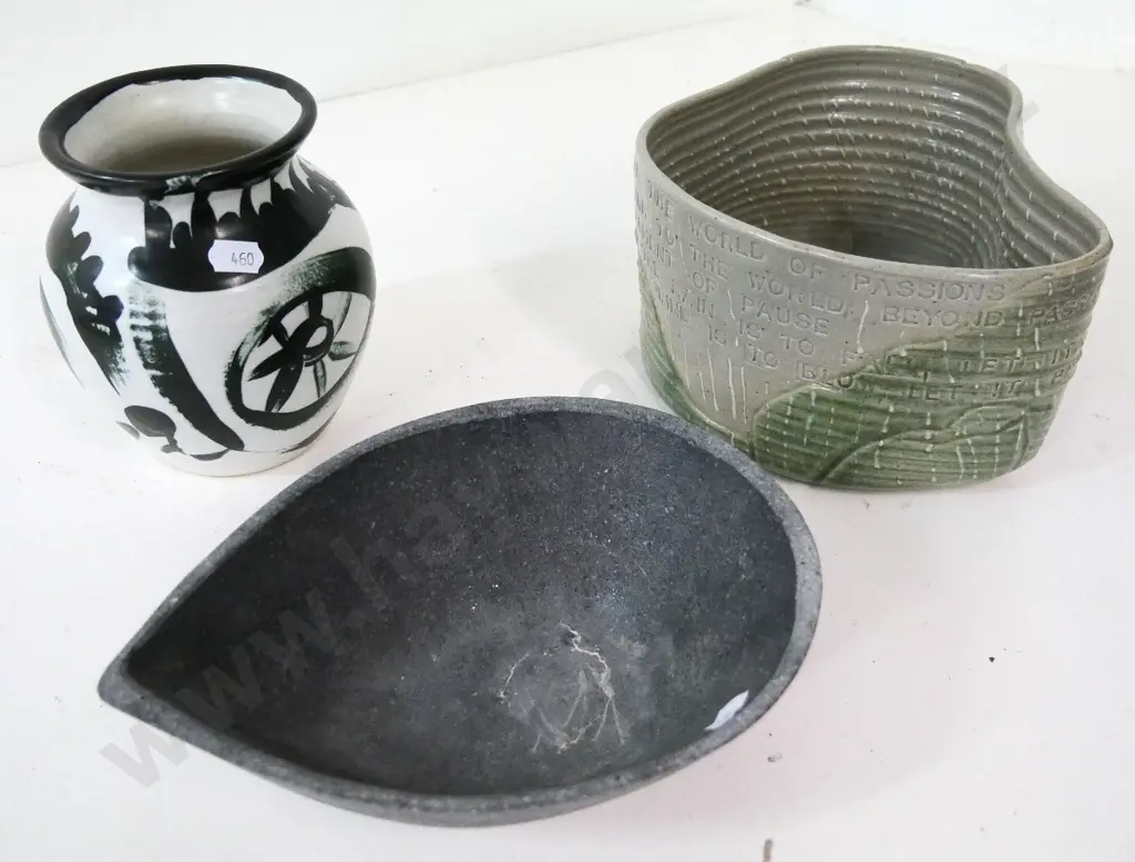 3 studio pottery items - black and white vase, large bowl with inscribed quotation H-100 D-195 and a small bowl Image 1++