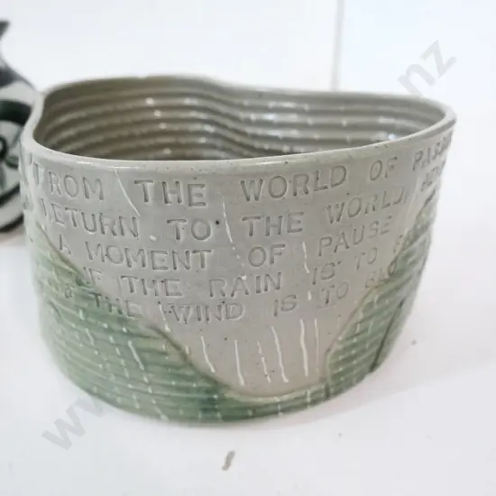 3 studio pottery items - black and white vase, large bowl with inscribed quotation H-100 D-195 and a small bowl
