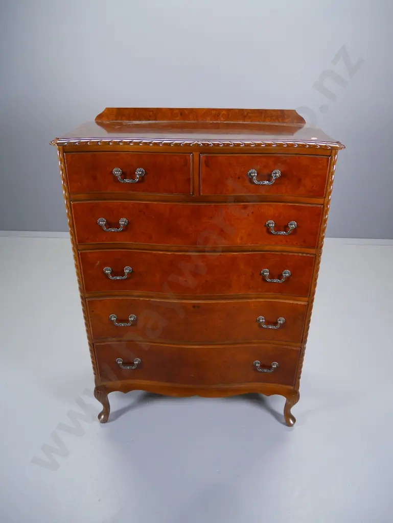 reproduction burr-walnut & mahogany rope-edged bow-front 6-drawer chest with ball & claw feet H-1150 W-800 D-430 Image 1++