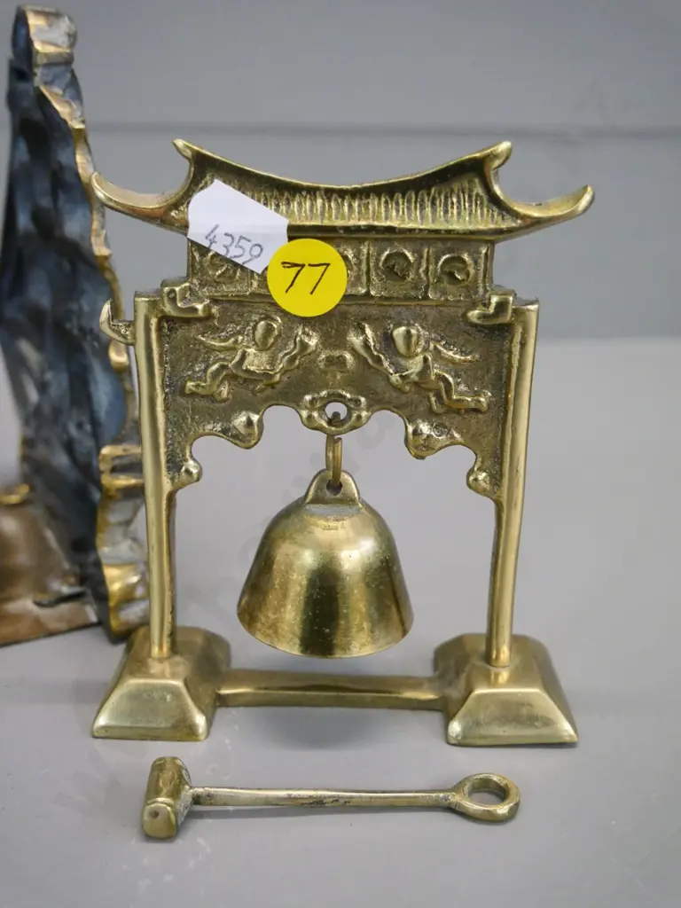 pair of brass sailing ship book-ends H-140 and small asian brass hanging bell and striker Image 1++