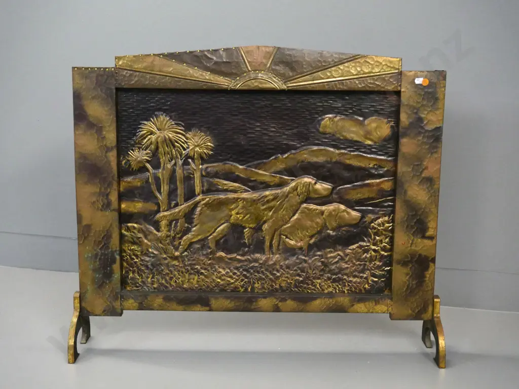 beaten brass fire screen with retriever dog theme - by A.T. Hart, Dunedin H-660 W-780 Repairs with non-matching tacks Image 1++