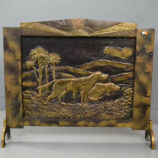 beaten brass fire screen with retriever dog theme - by A.T. Hart, Dunedin H-660 W-780 Repairs with non-matching tacks
