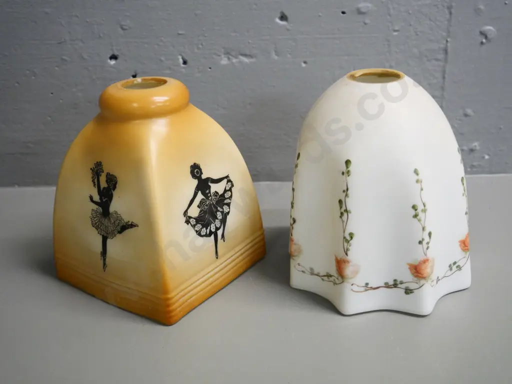 two vintage hand-painted glass light-shades , one floral H-150 D-130 and slightly smaller ballerina theme Image 1++