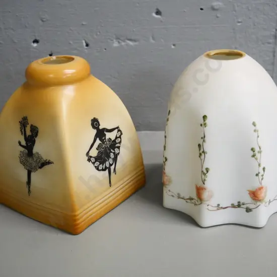 two vintage hand-painted glass light-shades , one floral H-150 D-130 and slightly smaller ballerina theme