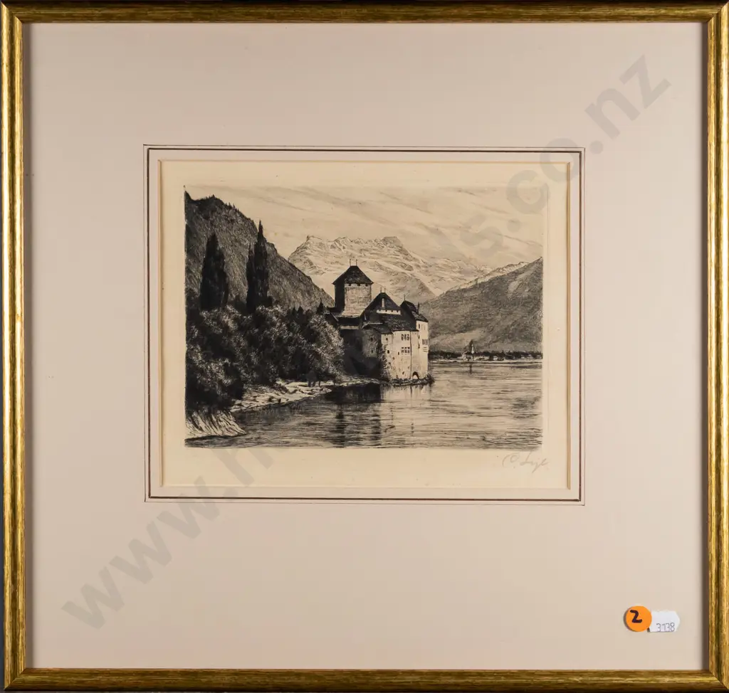 framed etching - Chillon Castle, Lake Geneva, Switzerland H-140 W-190 Image 1++