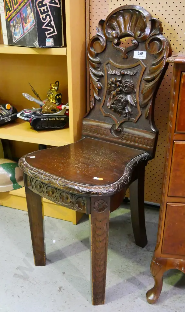 vintage hall chair with heavily carved back H-950 W-400 D-380 Image 1++