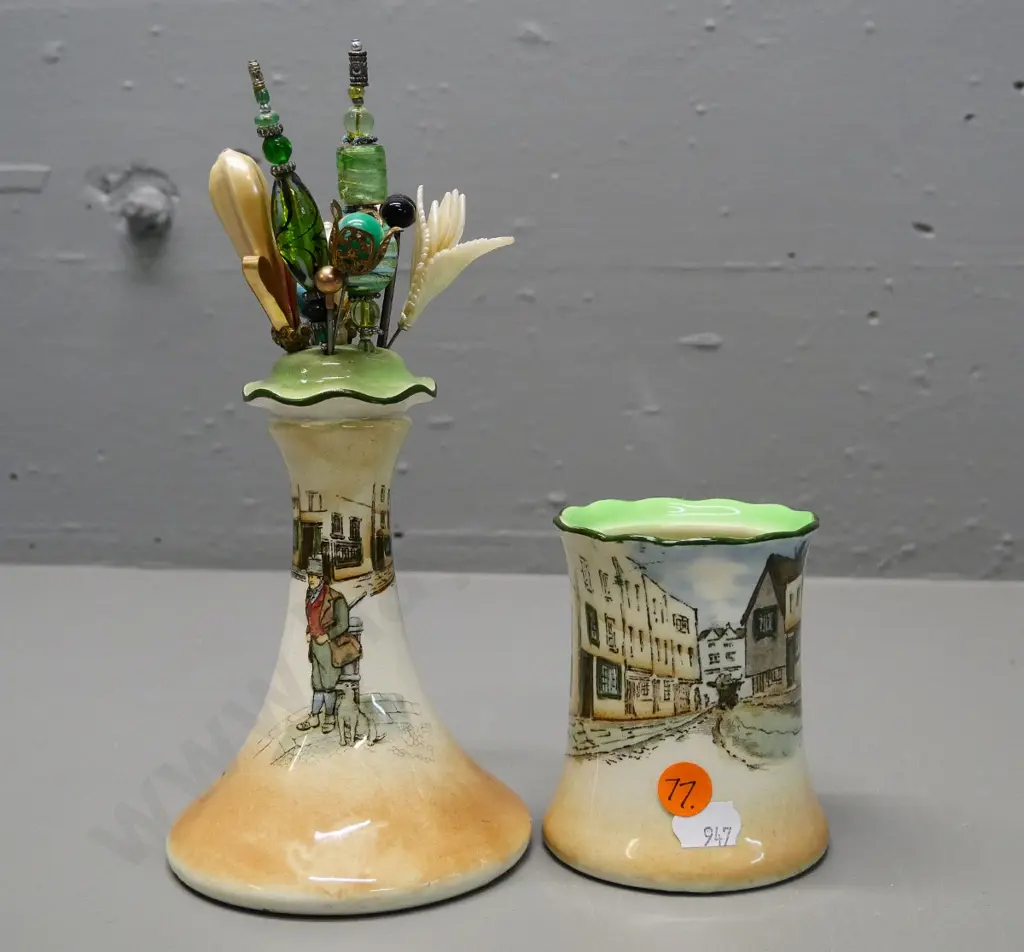 2 pieces of Royal Doulton Dickens ware - Old Peggoty pot missing a lid and Bill Sykes hatpin holder with hatpins Image 1++