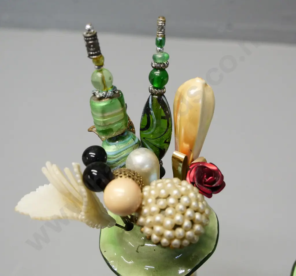 2 pieces of Royal Doulton Dickens ware - Old Peggoty pot missing a lid and Bill Sykes hatpin holder with hatpins Image 1++