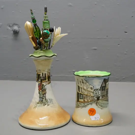 2 pieces of Royal Doulton Dickens ware - Old Peggoty pot missing a lid and Bill Sykes hatpin holder with hatpins
