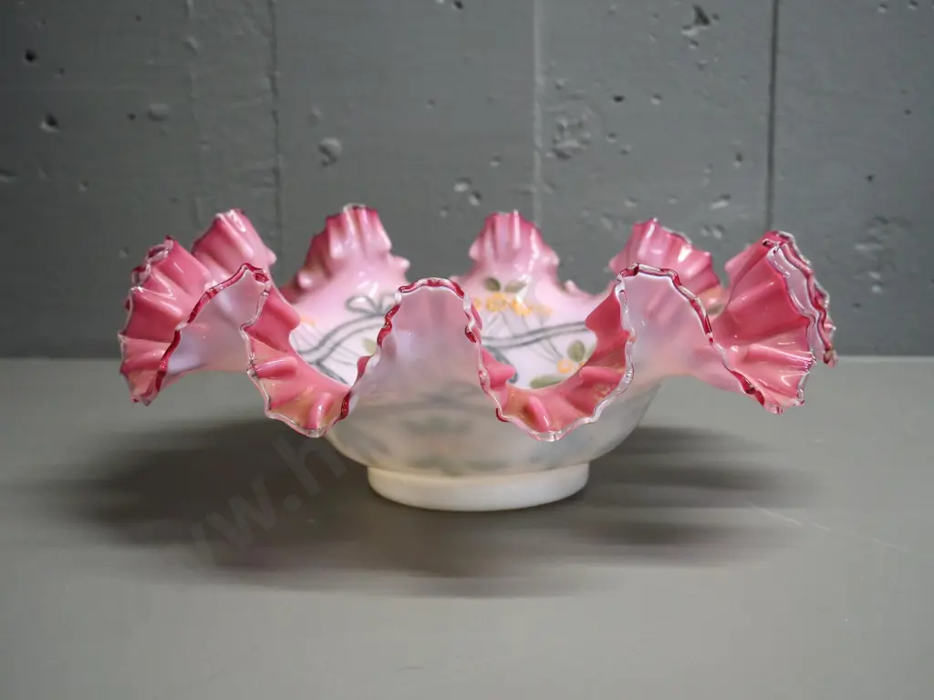 pink and milk glass frilled rim bowl with hand-painted floral motif - some wear to decoration H-110 Diameter 300 Image 1++
