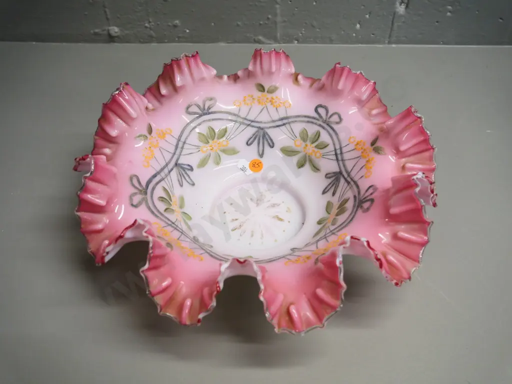 pink and milk glass frilled rim bowl with hand-painted floral motif - some wear to decoration H-110 Diameter 300 Image 1++