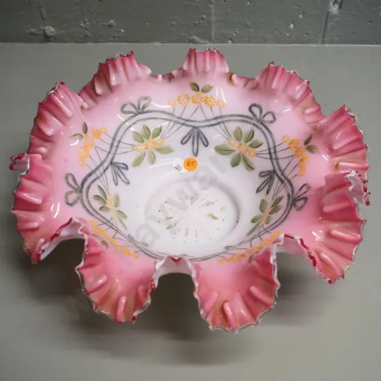 pink and milk glass frilled rim bowl with hand-painted floral motif - some wear to decoration H-110 Diameter 300