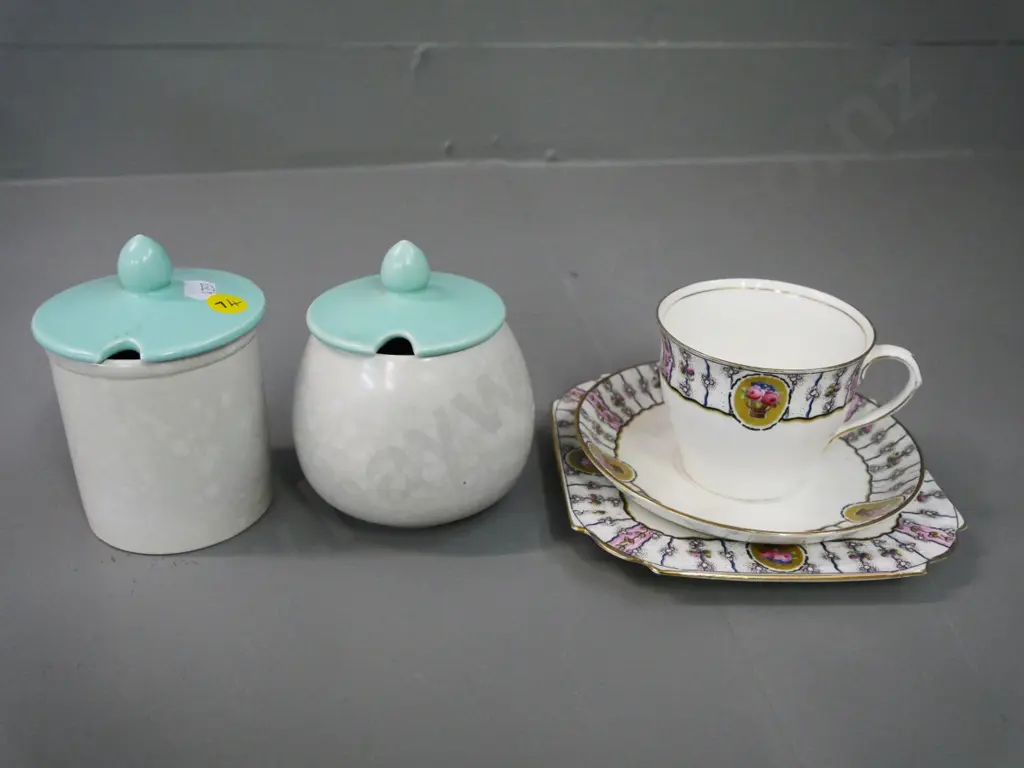 2 Poole pottery lidded jam pots and an Aynsley trio Image 1++