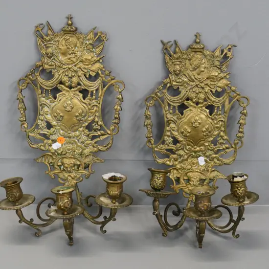 pair of ornate cast brass 3-candle wall sconces H-420 W-240