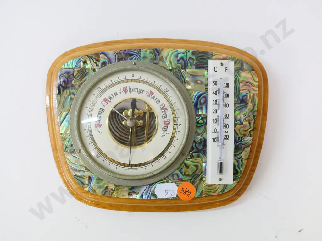 retro Ataahua paua-faced timber cased wall barometer-thermometer H-140 W-170 Image 1++