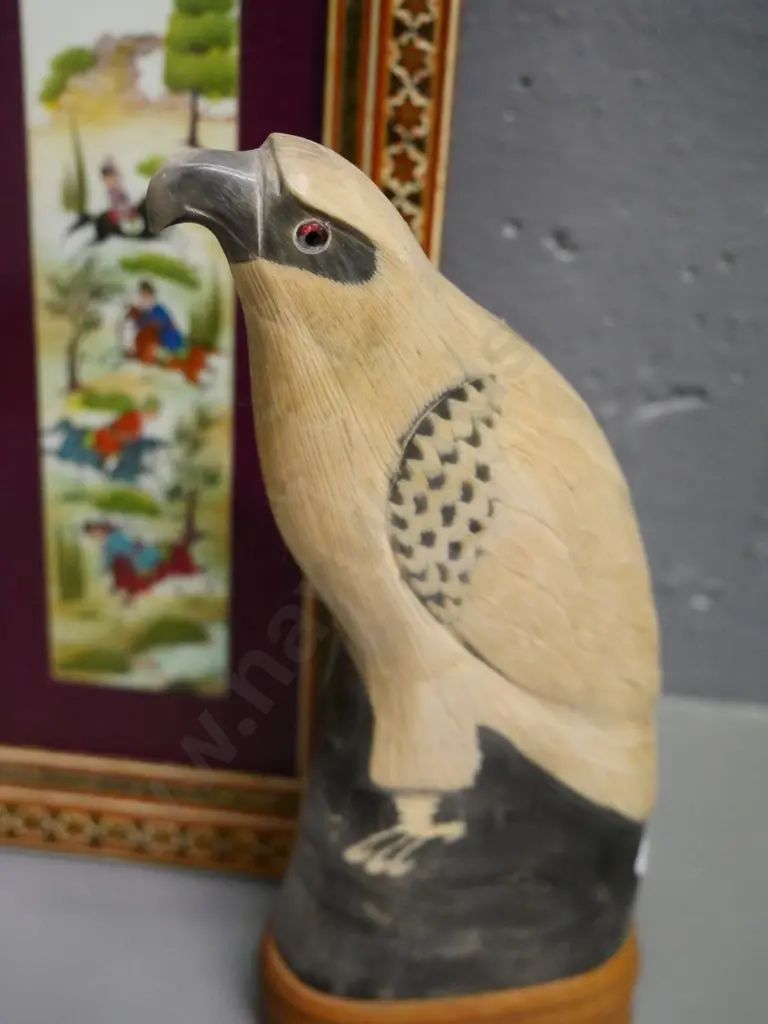 carved horn eagle figure on wooden base H250, bone (?) trinket box and Persian style art  in wood inlay frame Image 1++
