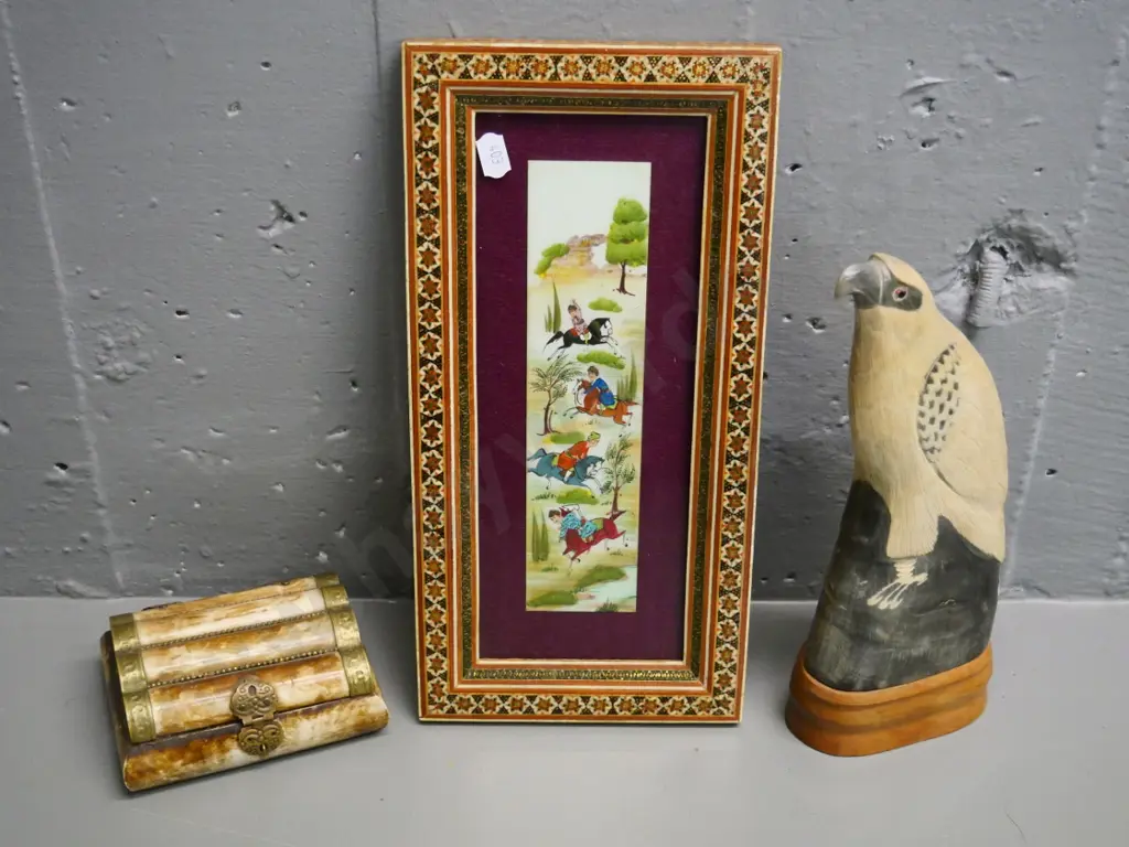 carved horn eagle figure on wooden base H250, bone (?) trinket box and Persian style art  in wood inlay frame Image 1++