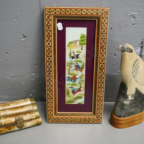 carved horn eagle figure on wooden base H250, bone (?) trinket box and Persian style art  in wood inlay frame