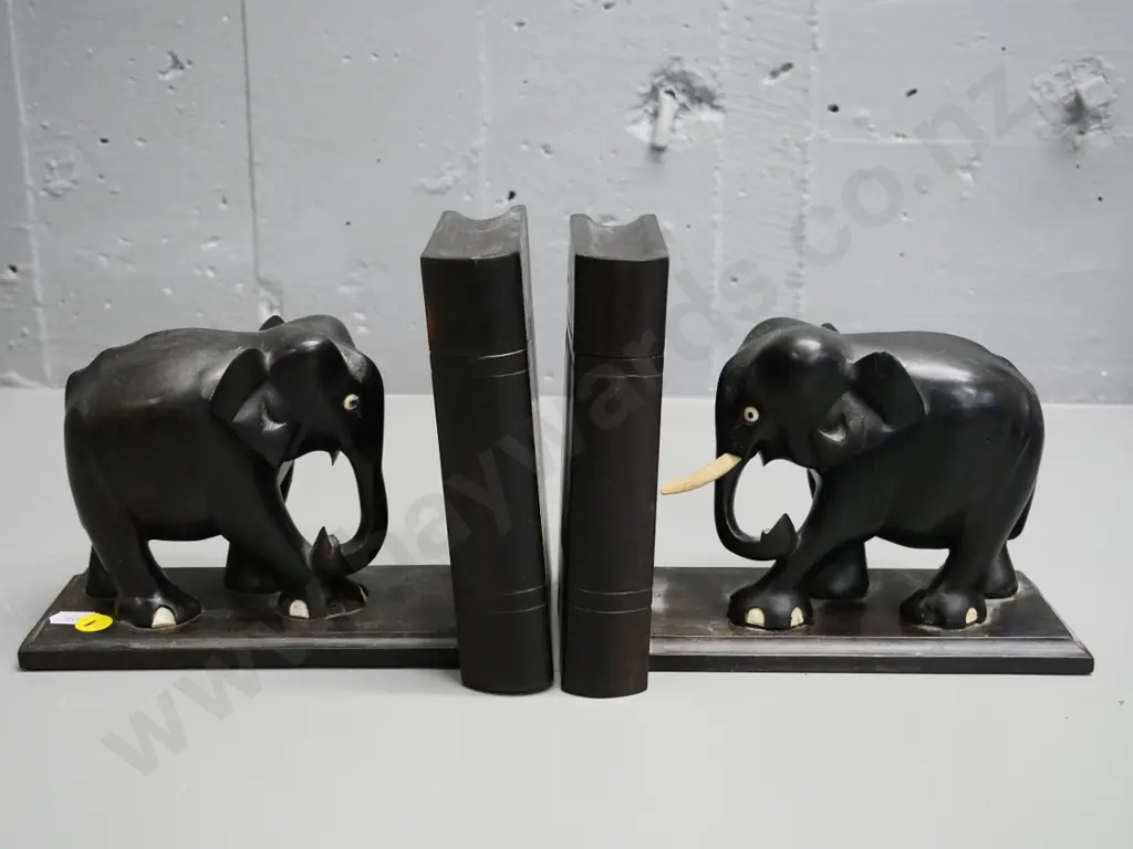 pair of ebony elephant book-ends with hidden sliding compartments - only one tusk, 3 are missing H-170 L-210 Image 1++