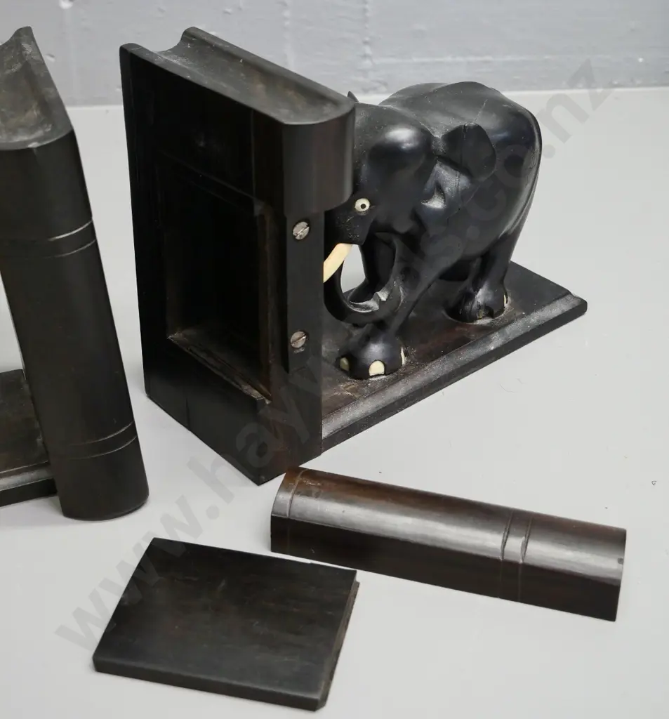 pair of ebony elephant book-ends with hidden sliding compartments - only one tusk, 3 are missing H-170 L-210 Image 1++