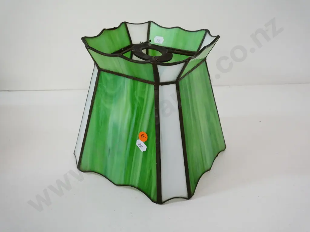 opaque green and white leadlight glass light shade H-200 W-220 - one support arm loose at top Image 1++