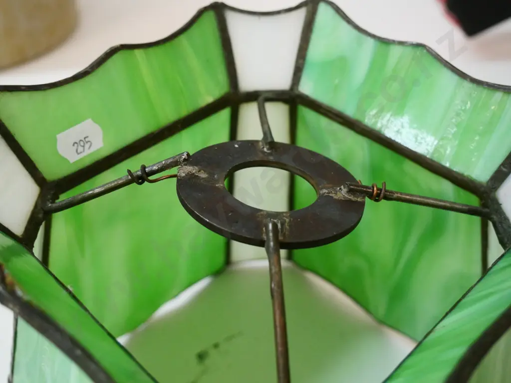 opaque green and white leadlight glass light shade H-200 W-220 - one support arm loose at top Image 1++