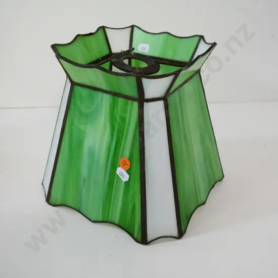 opaque green and white leadlight glass light shade H-200 W-220 - one support arm loose at top