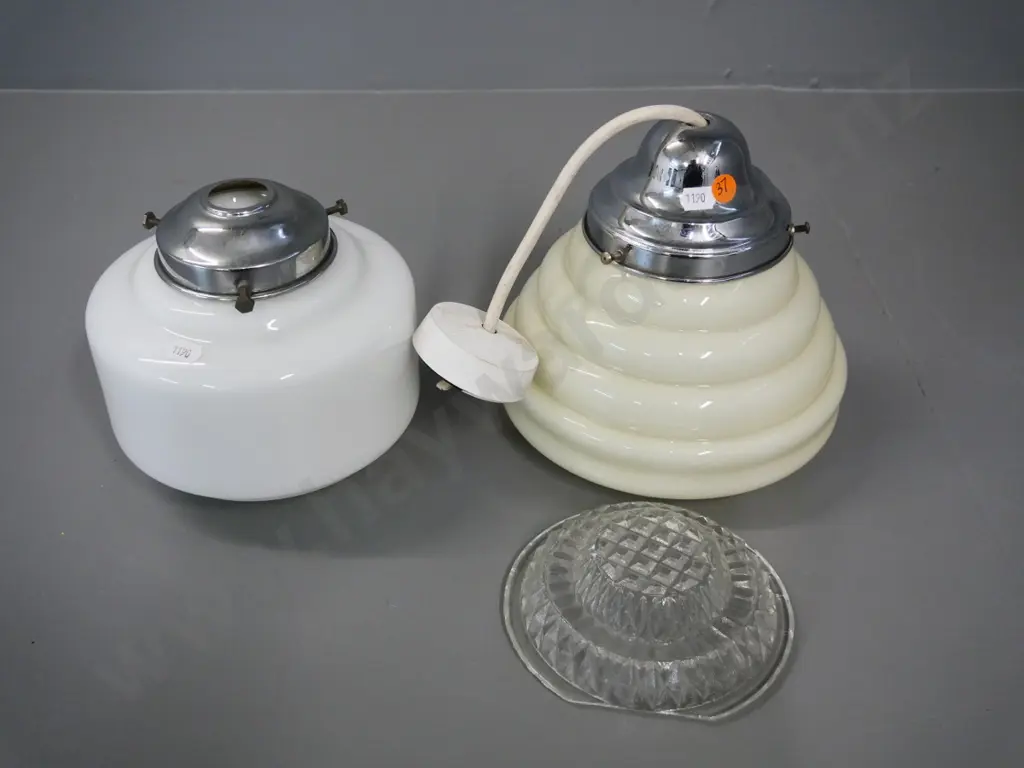 2 retro glass light shades with chrome journals - cream ridged design has moulded glass insert, H-200 D-200 Image 1++