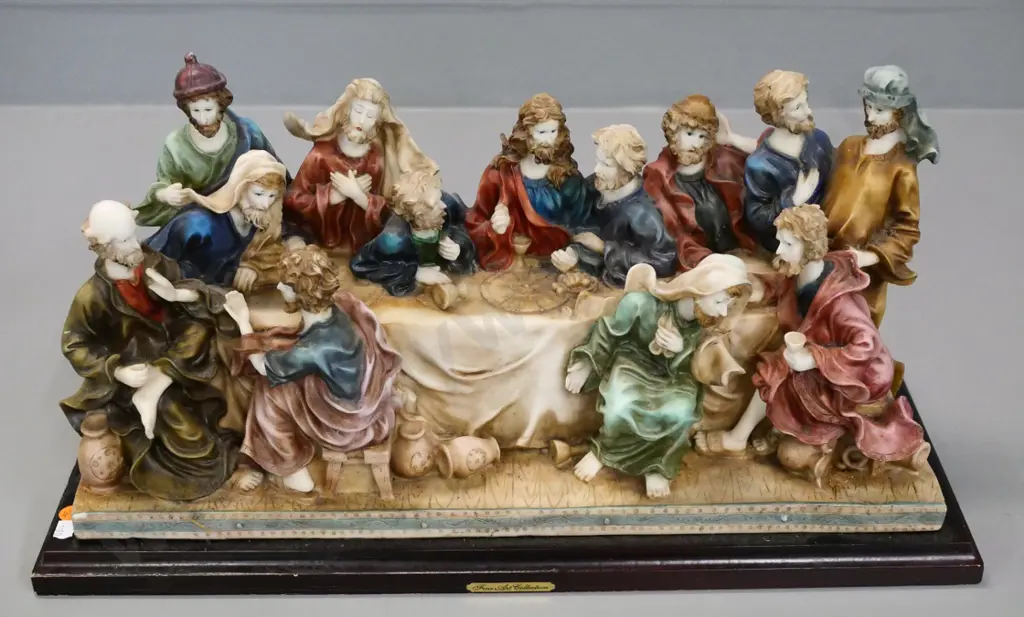 large composite figurine group - The Last Supper - chips to finish on wooden base.H-280 W-540 D-220 Image 1++