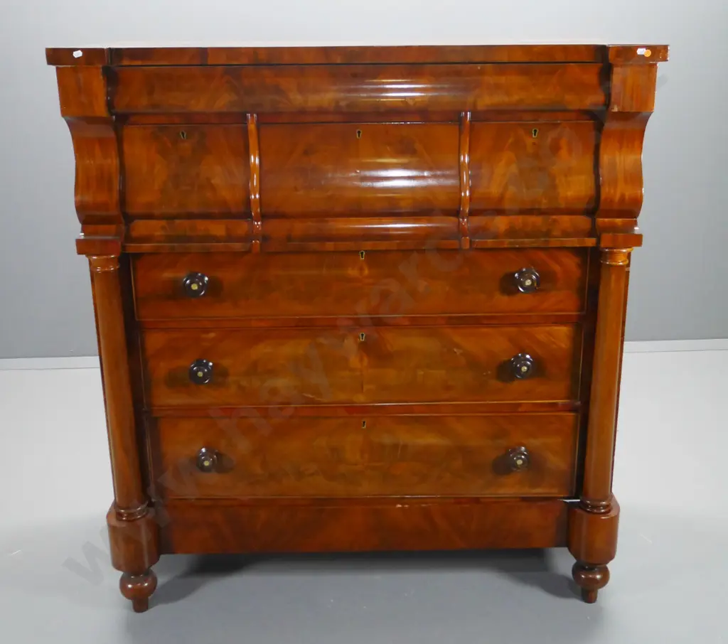 solid timber and rosewood veneer 7-drawer Scotch chest with key escutcheons, some missing veneer H1380 W1280 D600 Image 1++