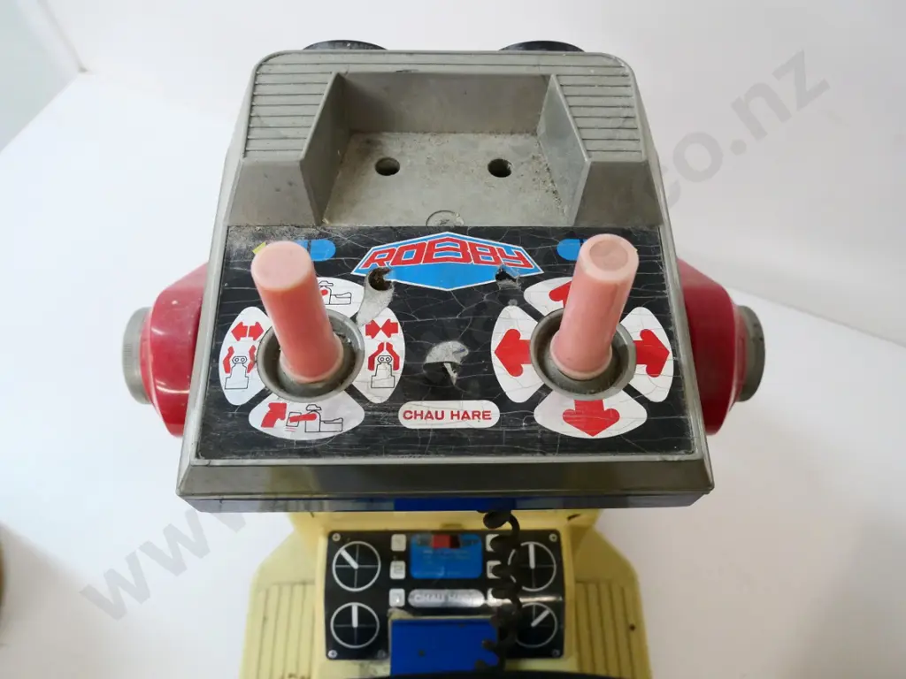 retro plastic Robby ride-on robot - with wired remote control, batteries and charger box, untested, no returns Image 1++