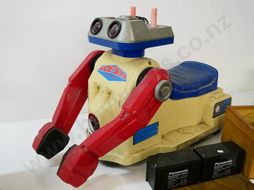 retro plastic Robby ride-on robot - with wired remote control, batteries and charger box, untested, no returns Image 1++